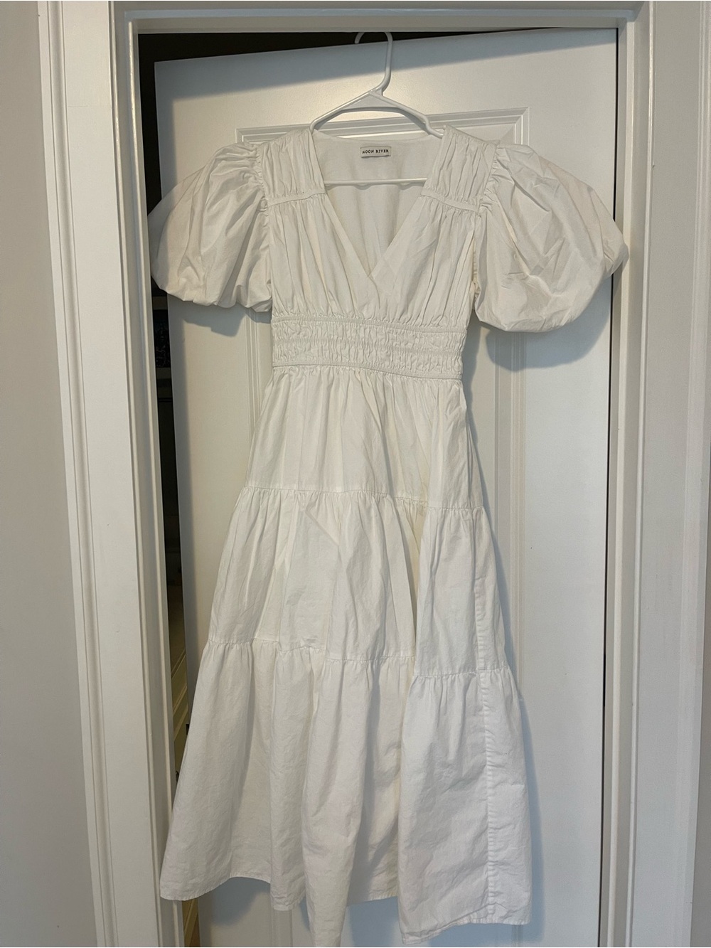 Moon River White Puff-Sleeve Tiered Midi Dress 100% Cotton